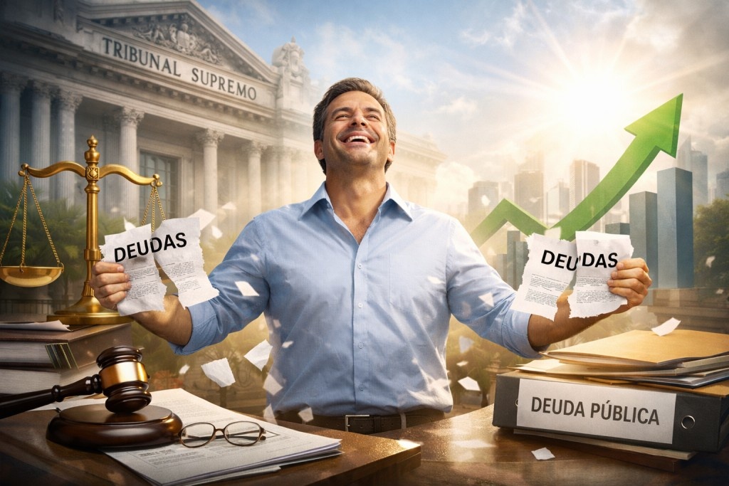 Hombre feliz con documentos deudas